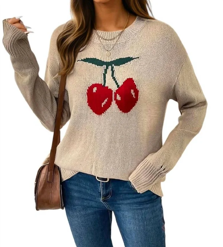 Cherries Crewneck Pullover Distressed Sweater In Khaki