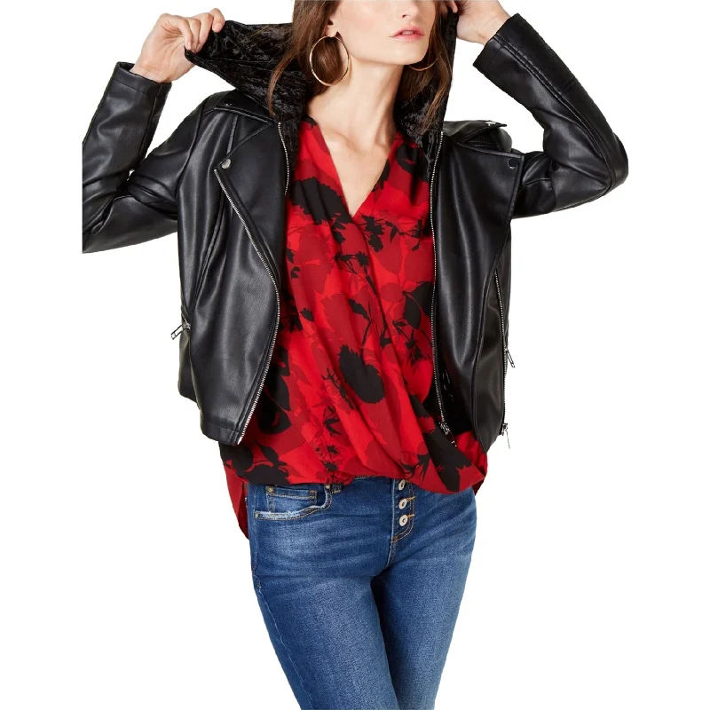 I-N-C Womens Velvet Hoodie Faux-Leather Jacket