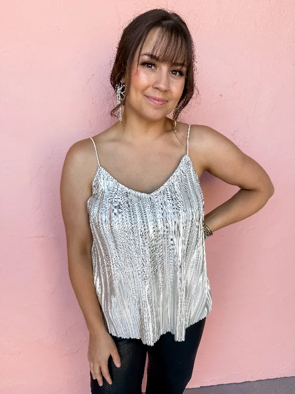 Finding My Way Pleated Metallic Cami Top-Silver