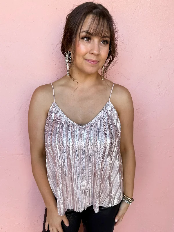 Finding My Way Pleated Metallic Cami Top-Pink