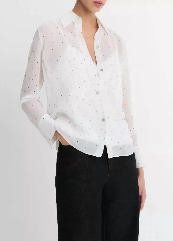 Sheer Dot Blouse With Lace Trim Cami In Off White