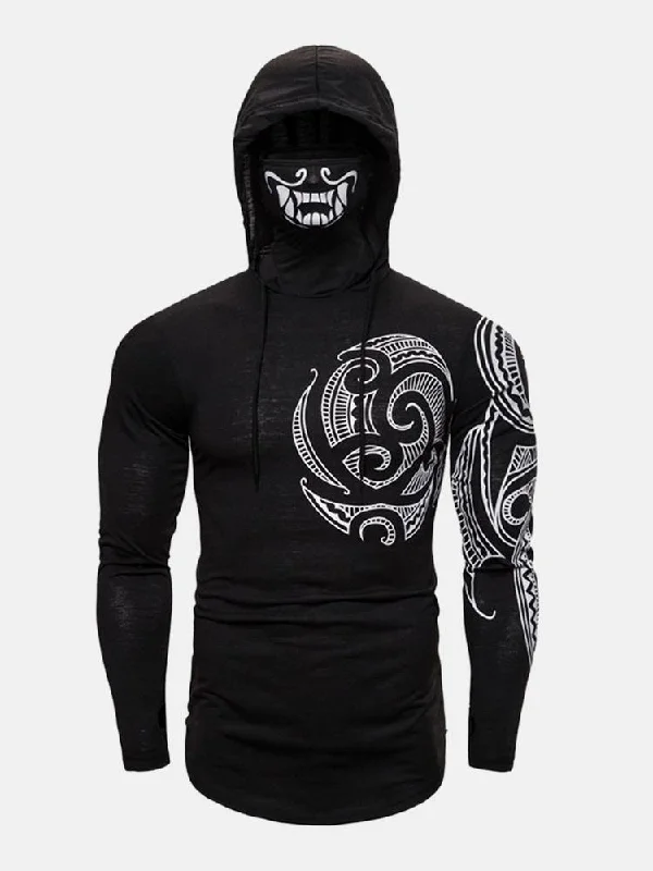 Mens Mysterious Totem Print High Neck Cover Face Design Hoodies