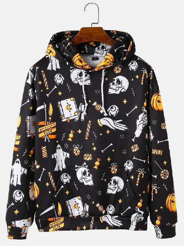 Mens Cartoon Halloween Element Print Drawstring Hoodies With Kangaroo Pocket