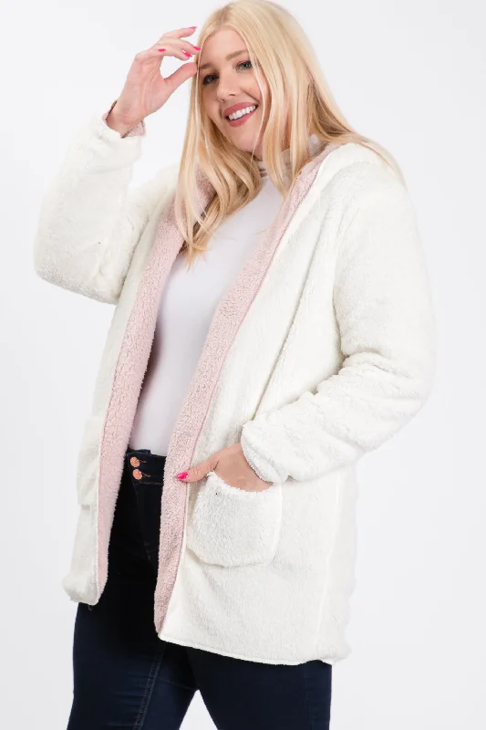 The Stefani - Women's Faux Sherpa Hoodie Jacket in Pink/Ivory