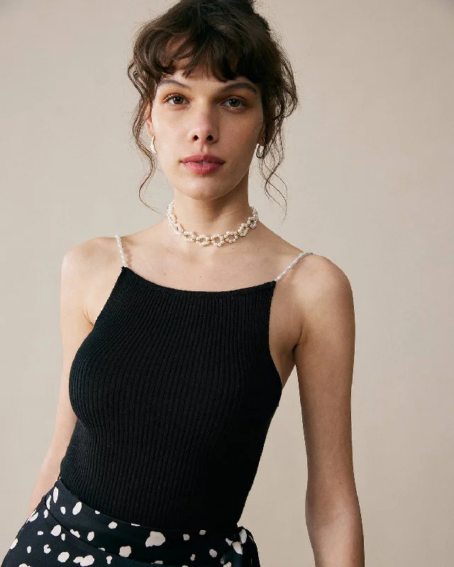 The Beaded Strap Ribbed Cami Top | Black