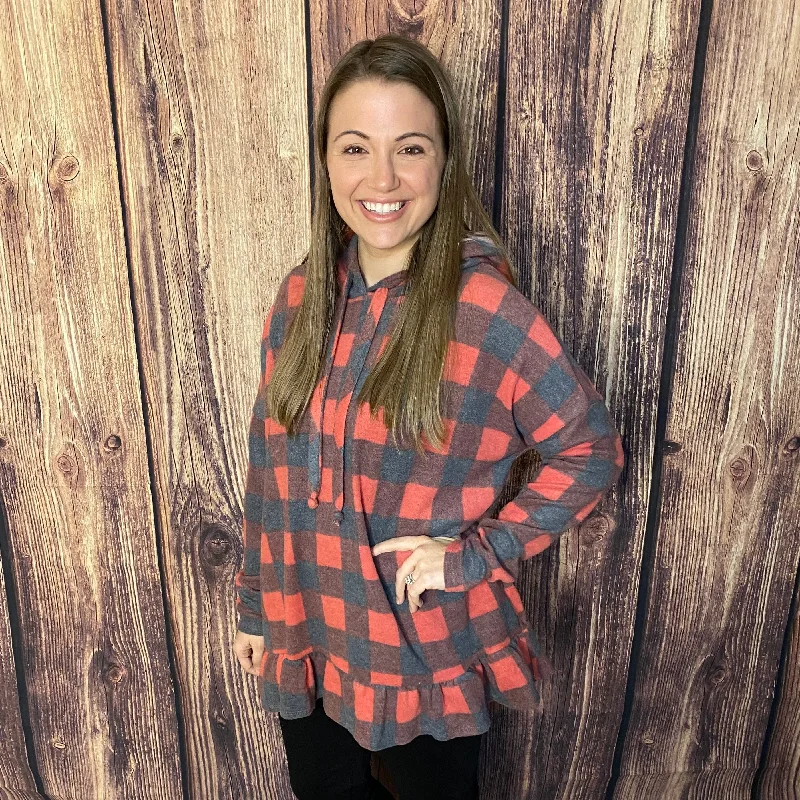 HONEYME RED/BLACK PLAID HOODIE W/RUFFLE BOTTOM