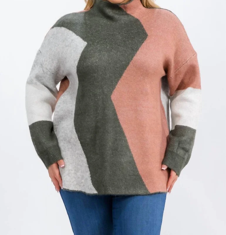 Mock Neck Colorblock Pullover - Plus In Pink/green/gray