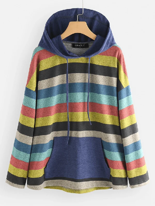 Women Contrast Color Stripe Patchwork Hoodie