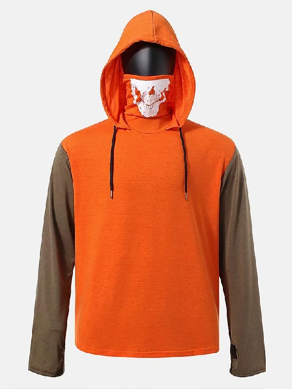 Mens Cotton Patchwork Side Zipper High Neck Cover Face Drawstring Hoodies