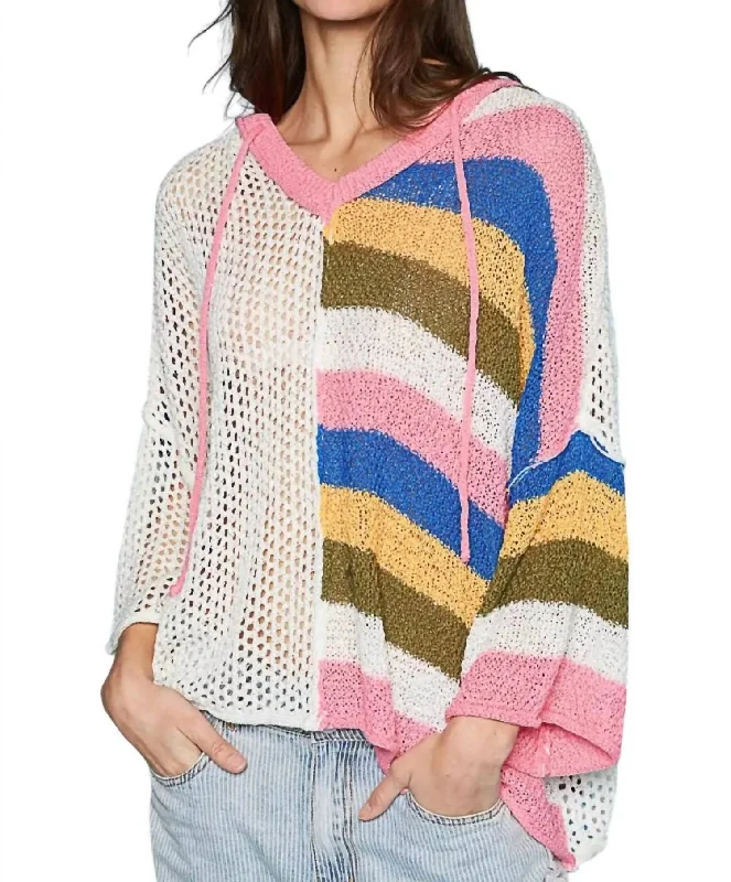 Striped Hoodie Sweater In Ivory Multi