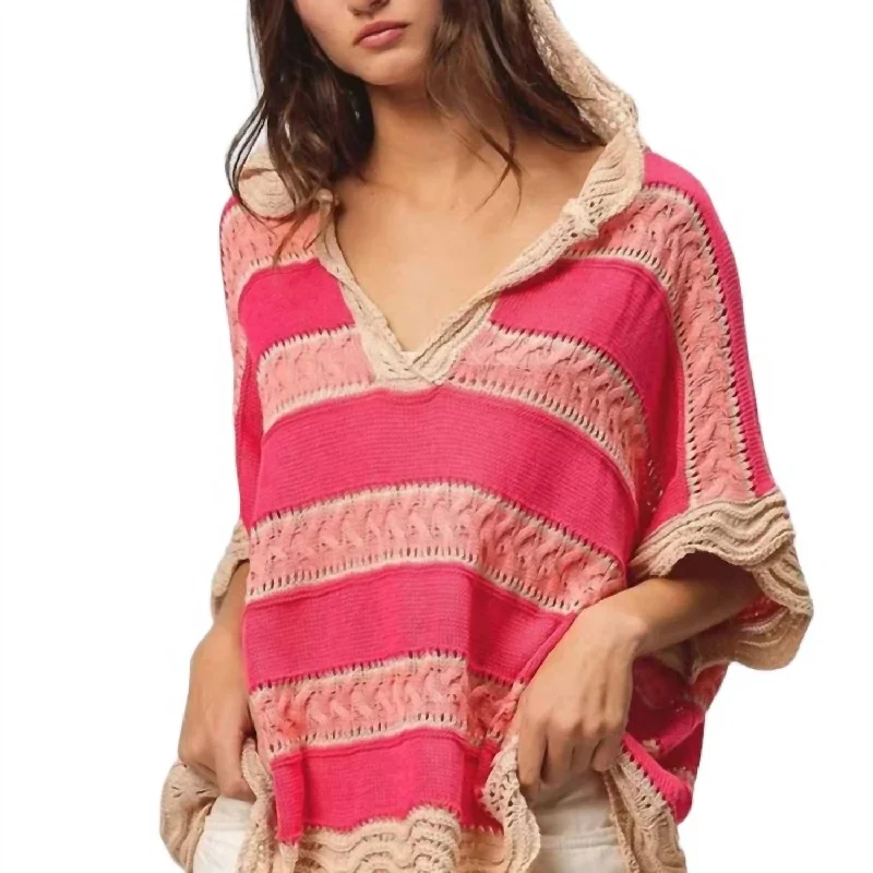 Stripe Waved Hem Crochet Hoodie In Fuschia