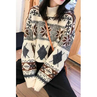 Women Delightful Printed Pattern Thick Ribbed Cuff Round Neck Restful Ribbed Hem Winter Warm Pullover Sweater    WST87773