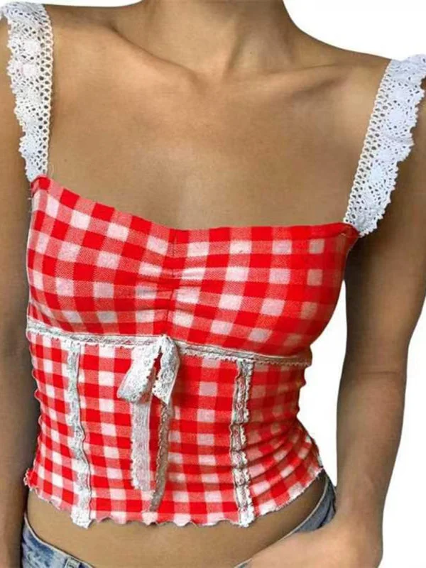 Romantic Lace Accented Plaid Cami - Women's Milkmaid Top