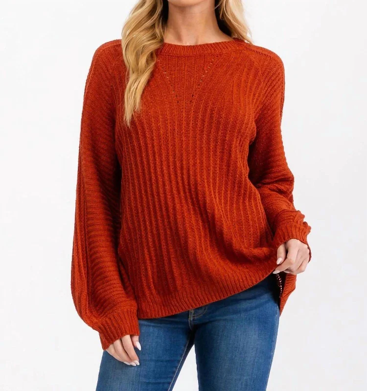 Long Balloon Sleeve Pullover In Rust