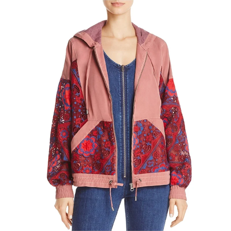 Free People Womens Magpie Lace Hoodie Jacket, Red, Small