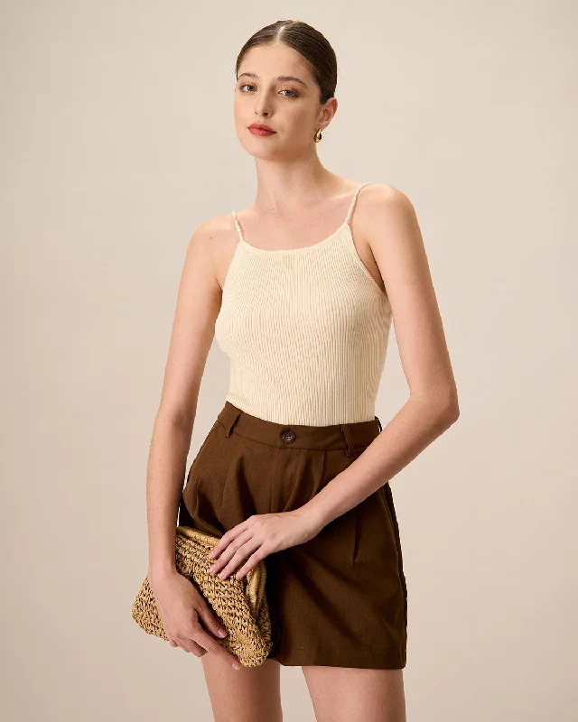 Women's Beige Beaded Strap Ribbed Cami Top | Beige