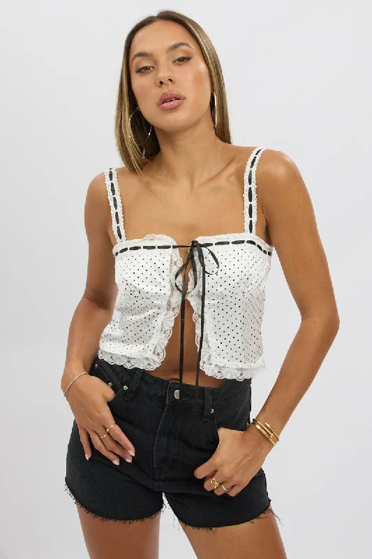 White Polka Dot Cami Top Open Front Ribbon