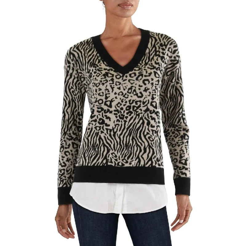 Womens Layered Animal Print Pullover Sweater