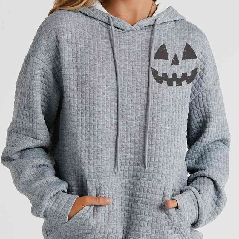 SYNZ Pumpkin Face Graphic Drawstring Women Hoodie with Pocket