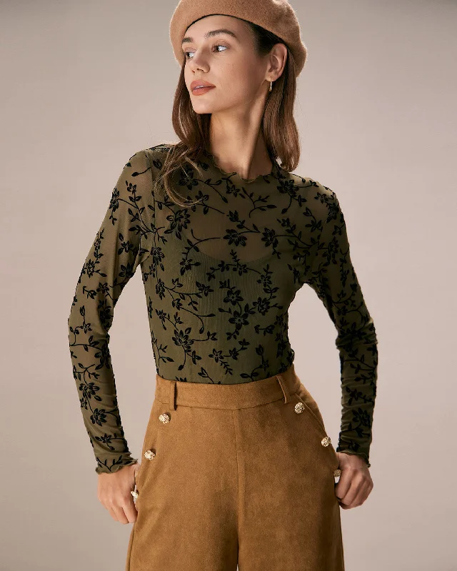 The Army Green Mesh Floral Blouse & Cami Top | Army Green