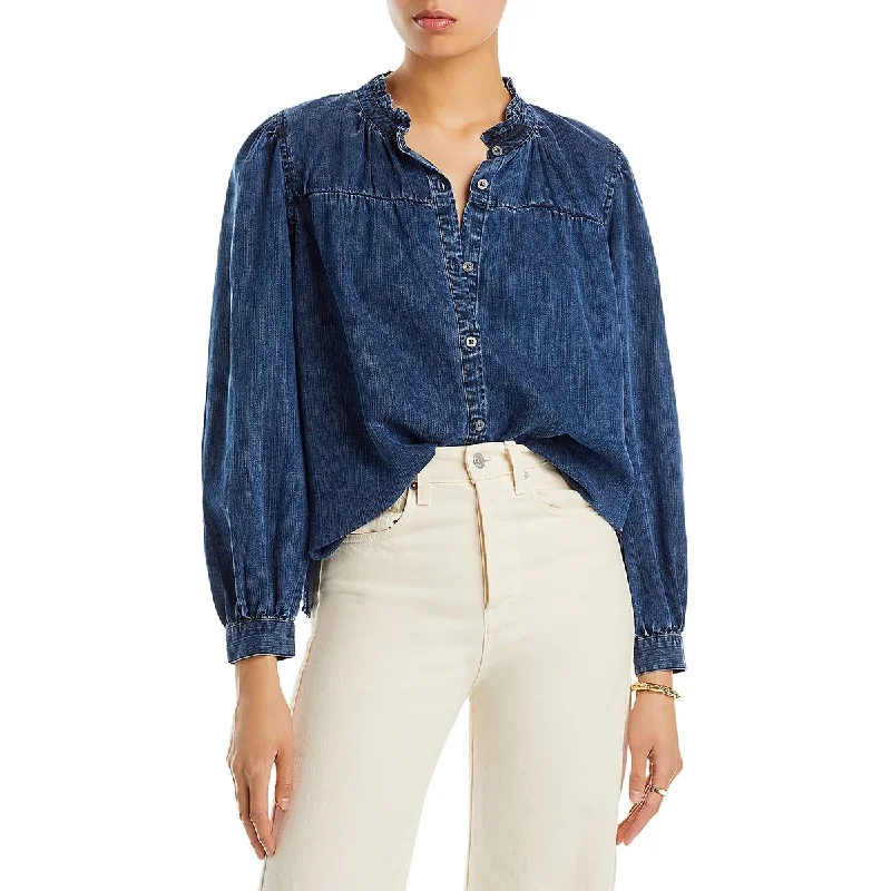 Camille Womens Ruffled Bishop Sleeve Button-Down Top