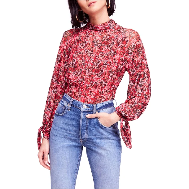 Free People Womens Floral Pullover Blouse, Red, Large