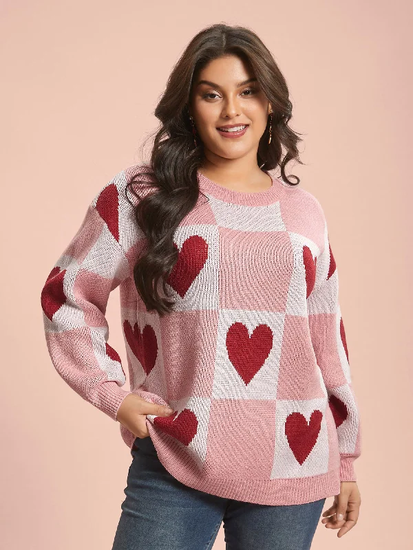 Checkered Hearts Jacquard Color-Contrast Pullover