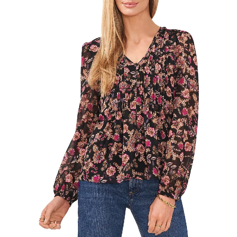 Womens Floral Neck Pleated Pullover Top