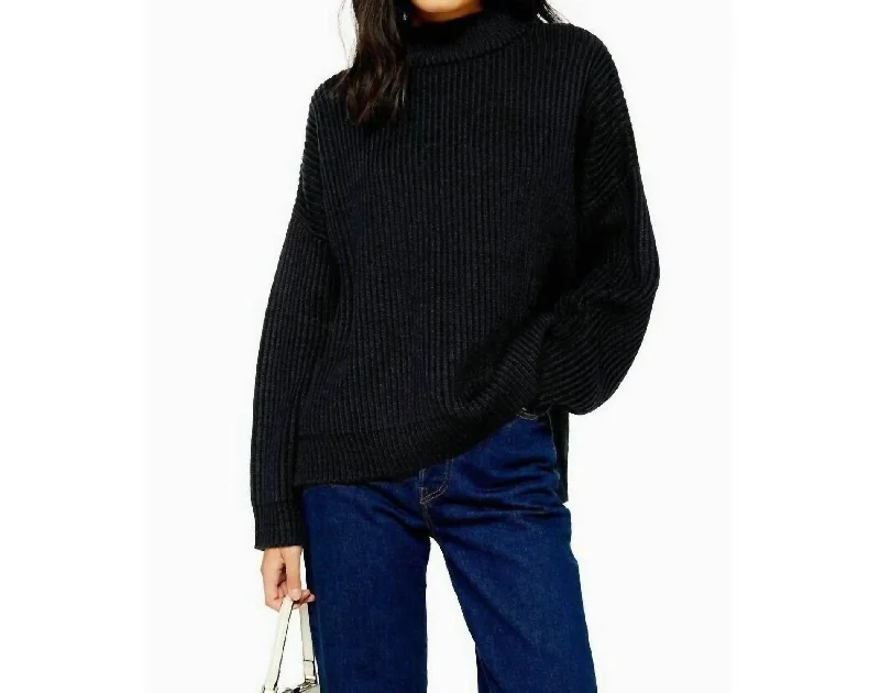 Oversize Rib Knit Mock Neck Pullover Sweater In Black