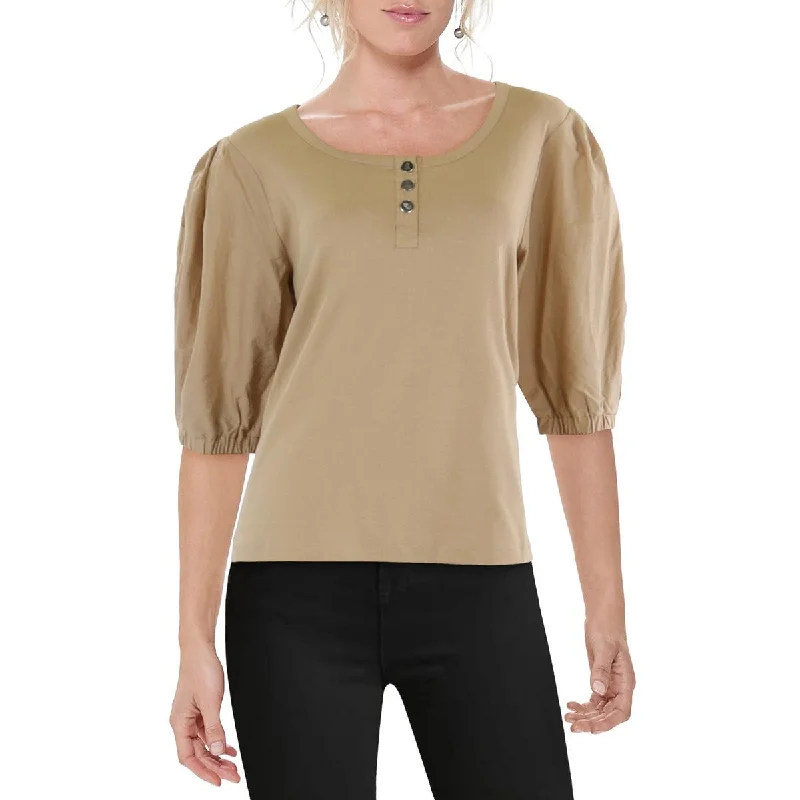 Womens Puff Sleeve Henley Pullover Top