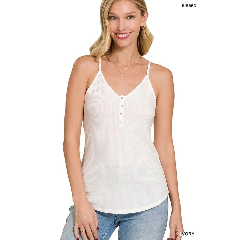 Ribbed Half Snap Button Closure Cami Top