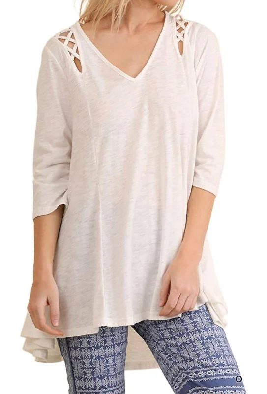 Criss Cross Cutout Detail Tunic Top In Off White