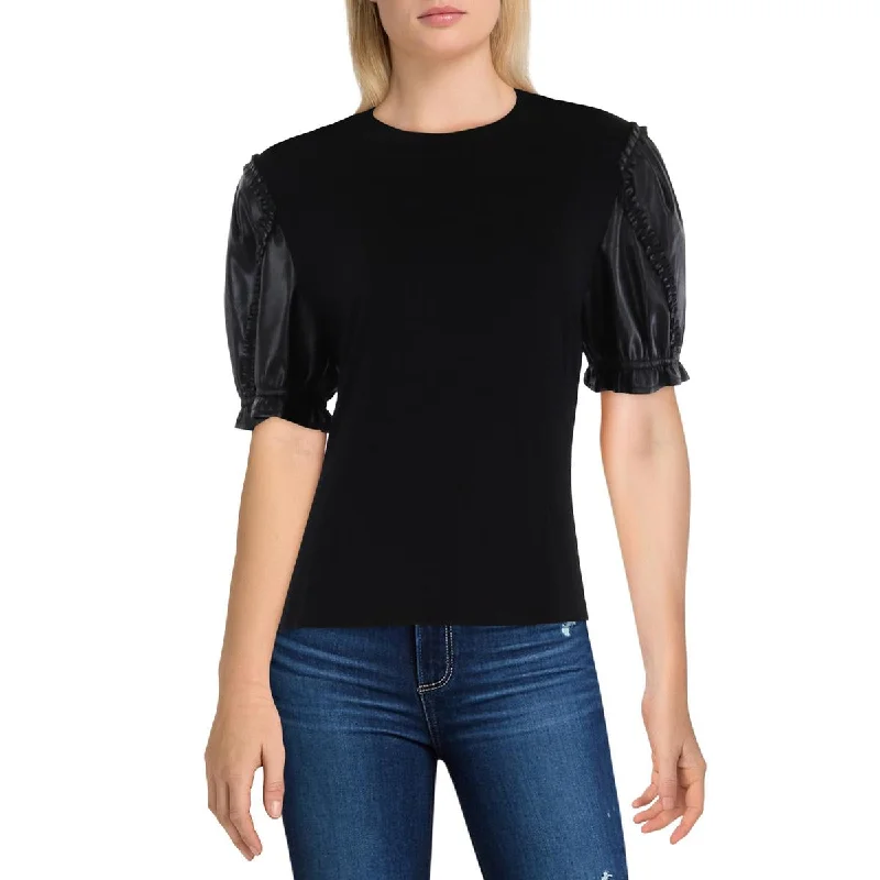 Vereena Womens Faux Leather Trim Ruffled Pullover Top