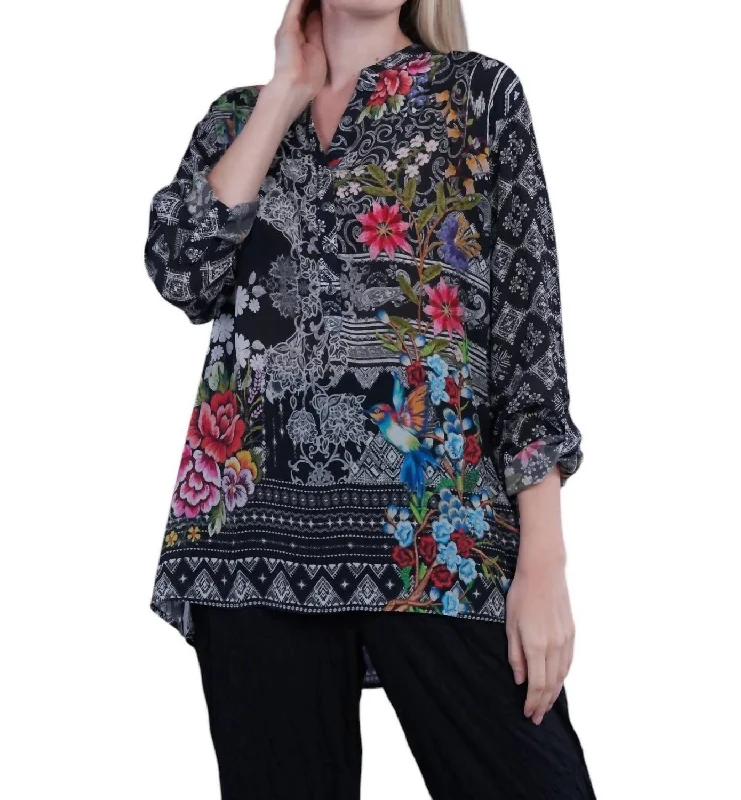 Audrey Print Button Tunic Top In Black