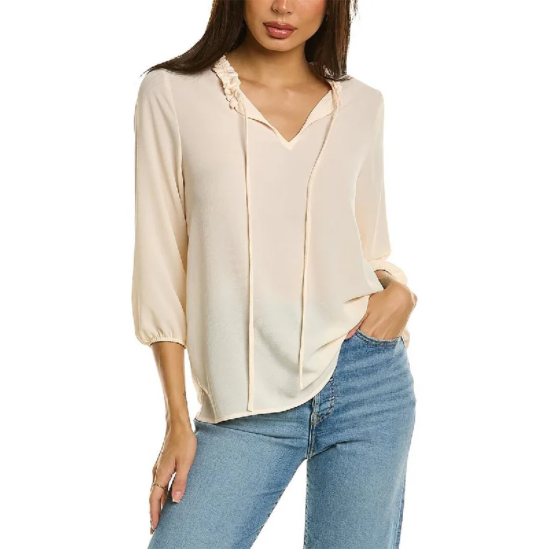 Womens Ruffled Neck Tie Pullover Top