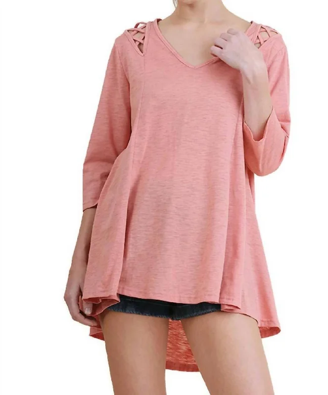 Criss Cross Cutout Detail Tunic Top In Salmon