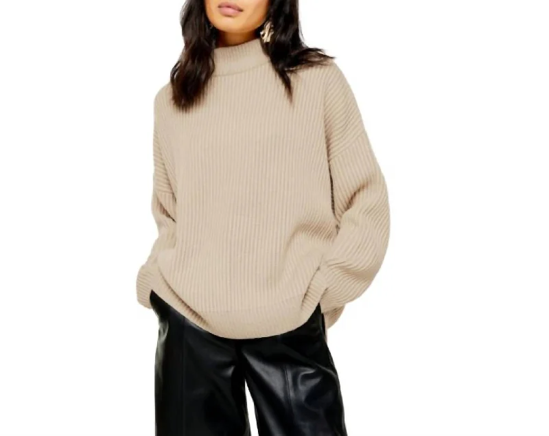 Oversize Rib Knit Mock Neck Pullover In Oat