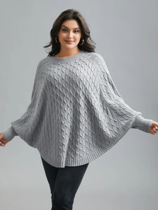 Cable Knit Dolman Sleeve Curved Hem Pullover