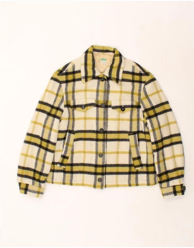 BENETTON Womens Bomber Jacket UK 14 Medium Yellow Check Wool