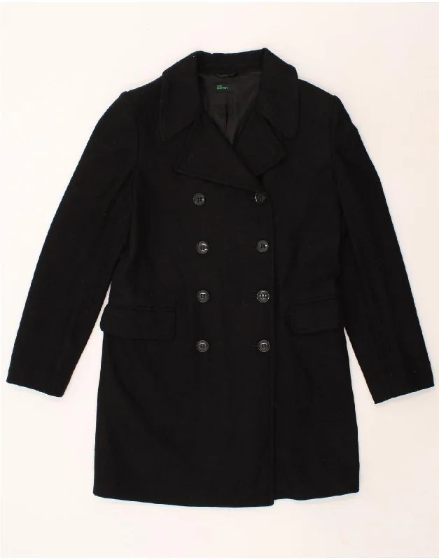 BENETTON Womens Double Breasted Coat IT 42 Medium Black Wool