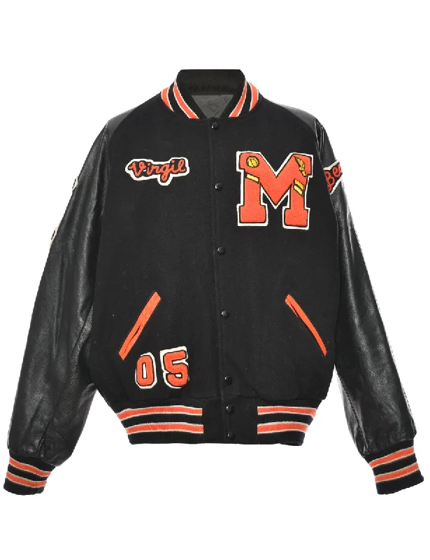 Orange & Black Virgil Brown Applique Design Varsity Jacket - L