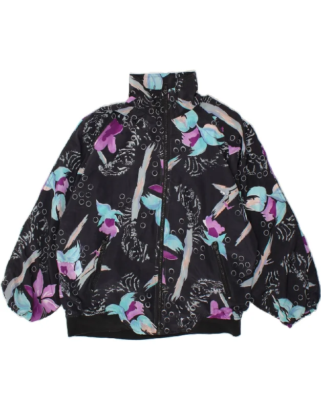 VINTAGE Womens Bomber Jacket IT 40/42 Medium Black Floral Polyester