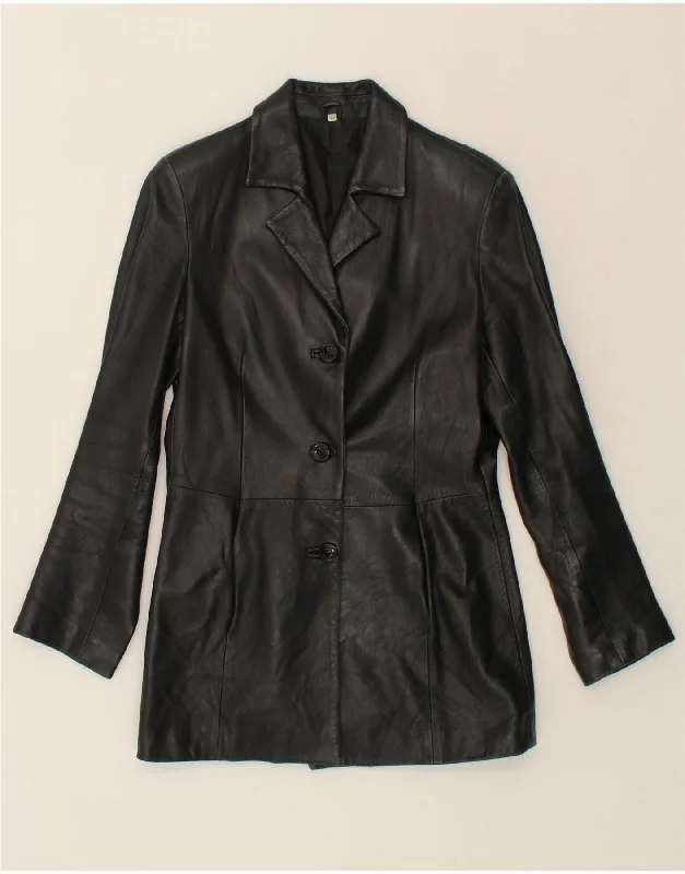 VINTAGE Womens Leather Coat IT 44 Medium Black Leather