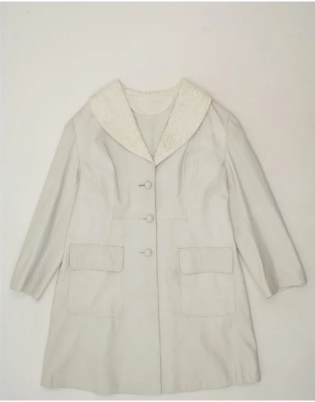 VINTAGE Womens Leather Coat UK 14 Medium Off White