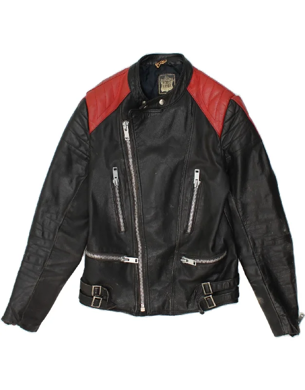 VINTAGE Womens Leather Racer Jacket UK 10 Small Black Colourblock Leather