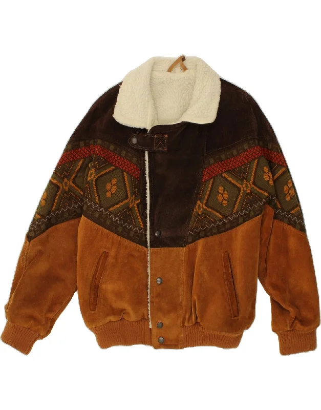 VINTAGE Womens Suede Sherpa Jacket IT 44 Medium Brown Colourblock