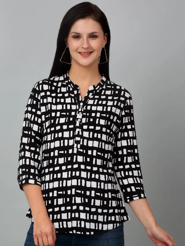 Women's Casual  Black Geometric Print Mandarin Collar Tunic