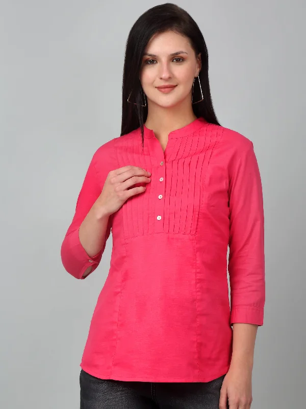 Women's Casual  Pink Solid Mandarin Collar Tunic