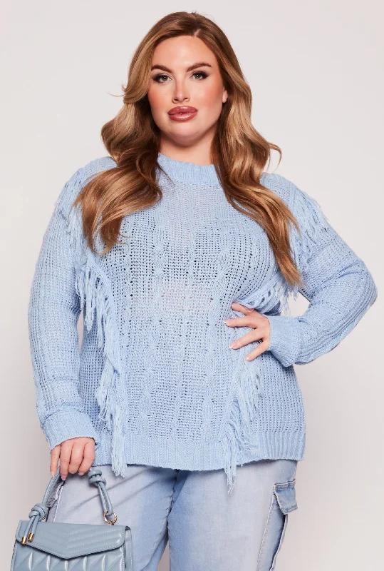 Plus Size Fringe Cable Knit Sweater