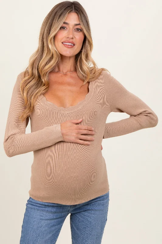 Beige Scallop Hem Square Neck Maternity Sweater